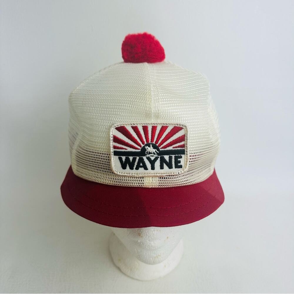 K Products Vintage Wayne Trucker Hat Red White Pompom Embroidered Patch Snapback